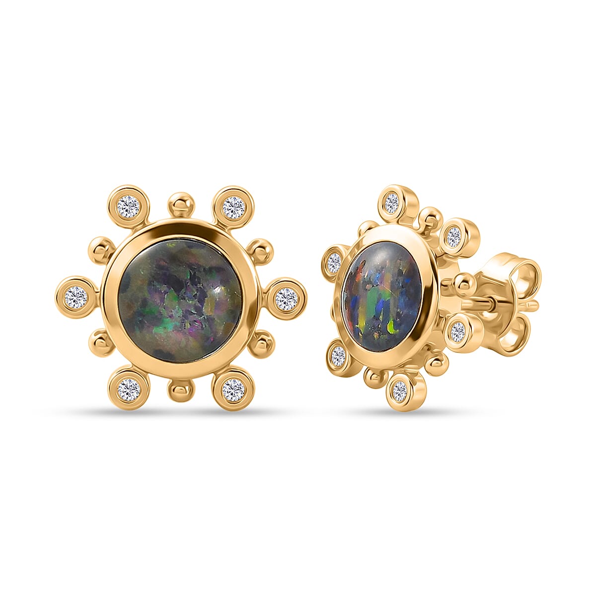 D'Joy - Boulder Opal &amp; White Zircon Sunburst Stud Earring with Push Post in Yellow Gold Plated Sterling Silver 1.75 Ct. 8572481 0