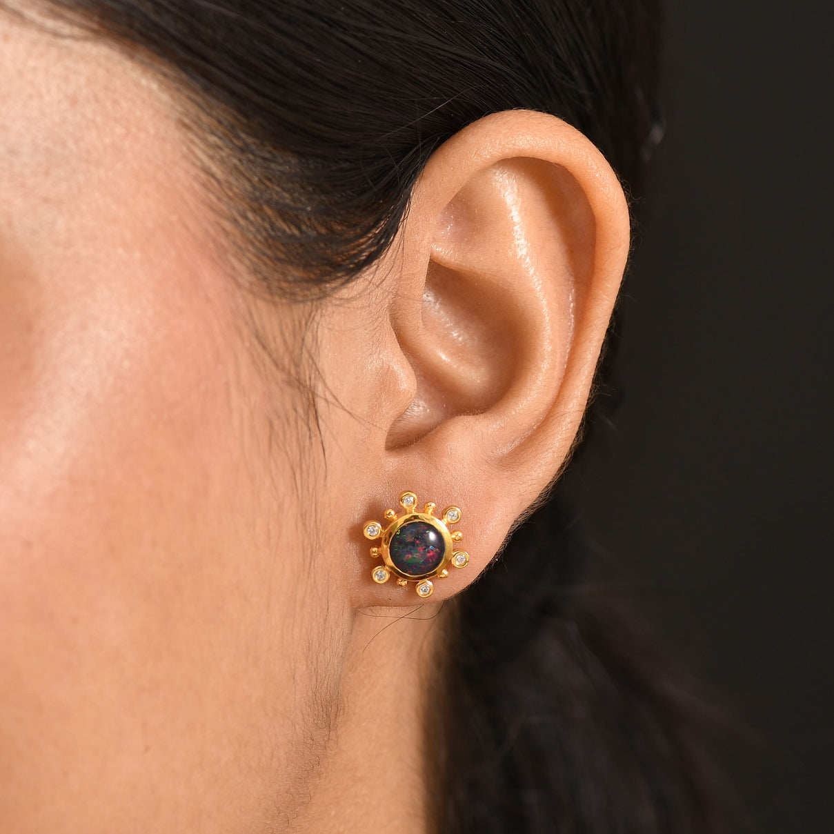 D'Joy - Boulder Opal &amp; White Zircon Sunburst Stud Earring with Push Post in Yellow Gold Plated Sterling Silver 1.75 Ct. 8572481 2