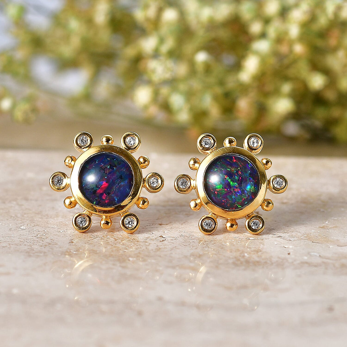 D'Joy - Boulder Opal &amp; White Zircon Sunburst Stud Earring with Push Post in Yellow Gold Plated Sterling Silver 1.75 Ct. 8572481 3