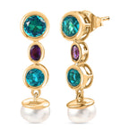 D'Joy Capri Blue Quartz, Fresh Water Pearl & African Amethyst Dangling Earring with Push Back in Yellow Gold Plated Sterling Silver 8.40 Ct.