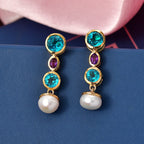 D'Joy Capri Blue Quartz, Fresh Water Pearl & African Amethyst Dangling Earring with Push Back in Yellow Gold Plated Sterling Silver 8.40 Ct.