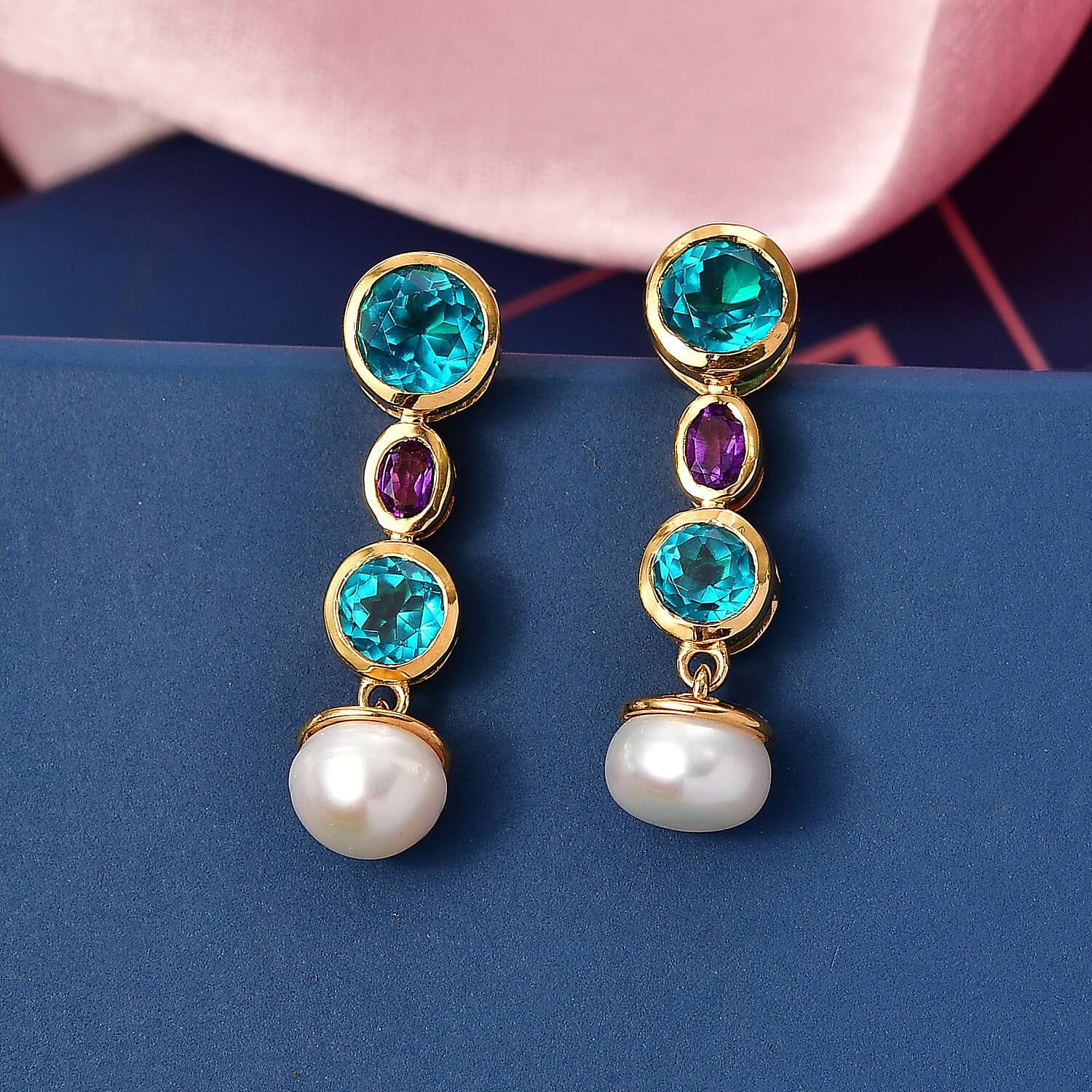 D'Joy Capri Blue Quartz, Fresh Water Pearl &amp; African Amethyst Dangling Earring with Push Back in Yellow Gold Plated Sterling Silver 8.40 Ct. 8482183 3
