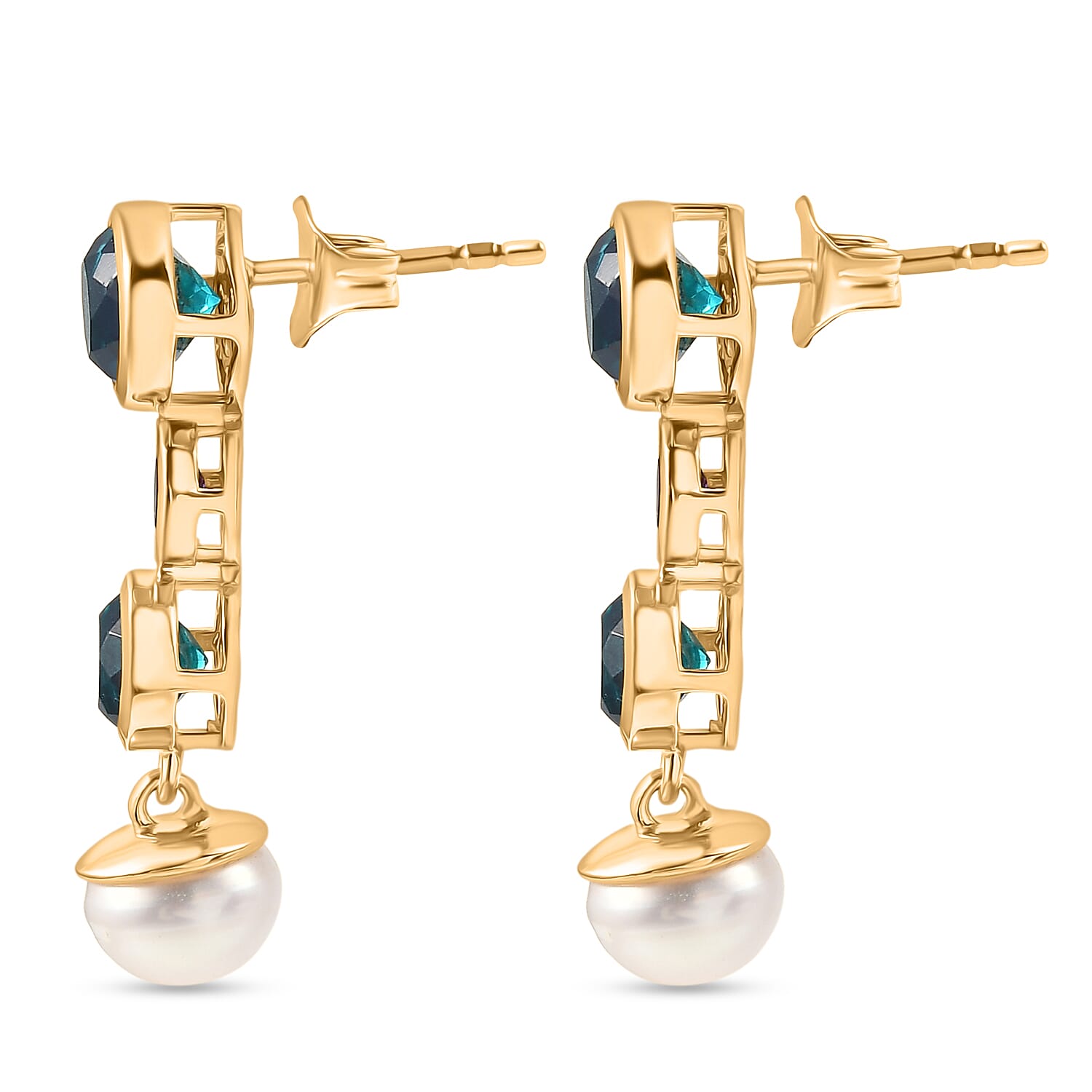 D'Joy Capri Blue Quartz, Fresh Water Pearl &amp; African Amethyst Dangling Earring with Push Back in Yellow Gold Plated Sterling Silver 8.40 Ct. 8482183 4
