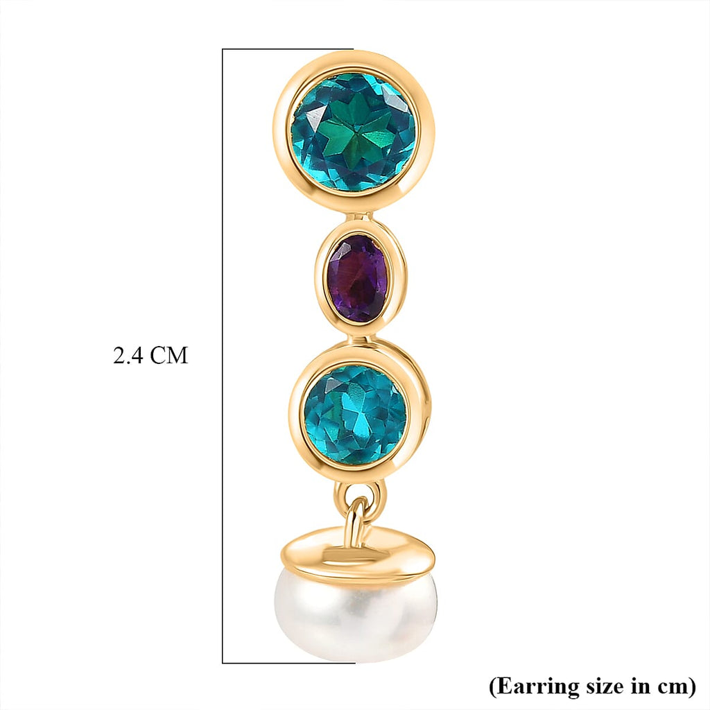 D'Joy Capri Blue Quartz, Fresh Water Pearl & African Amethyst Dangling Earring with Push Back in Yellow Gold Plated Sterling Silver 8.40 Ct.