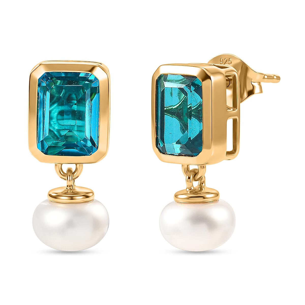 D'Joy Capri Blue Quartz, Freshwater Pearl Dangling Push Back Earring in Yellow Gold Plated Sterling Silver 8.56 Ct. 8485380 0