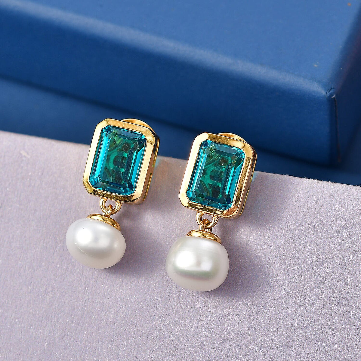 D'Joy Capri Blue Quartz, Freshwater Pearl Dangling Push Back Earring in Yellow Gold Plated Sterling Silver 8.56 Ct. 8485380 3