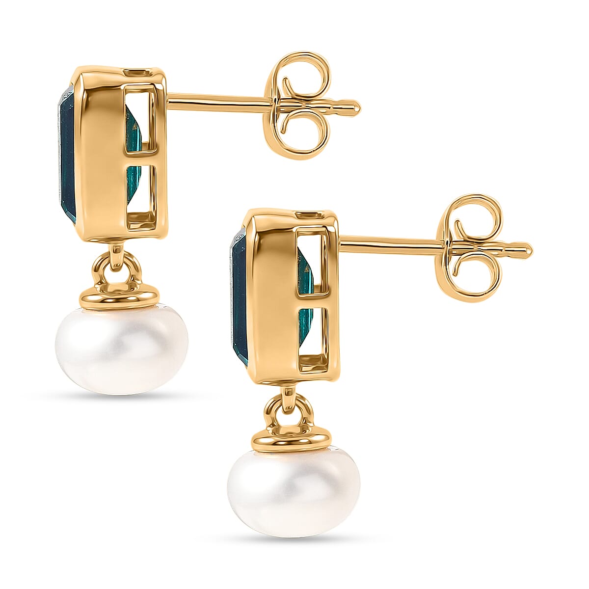 D'Joy Capri Blue Quartz, Freshwater Pearl Dangling Push Back Earring in Yellow Gold Plated Sterling Silver 8.56 Ct. 8485380 4