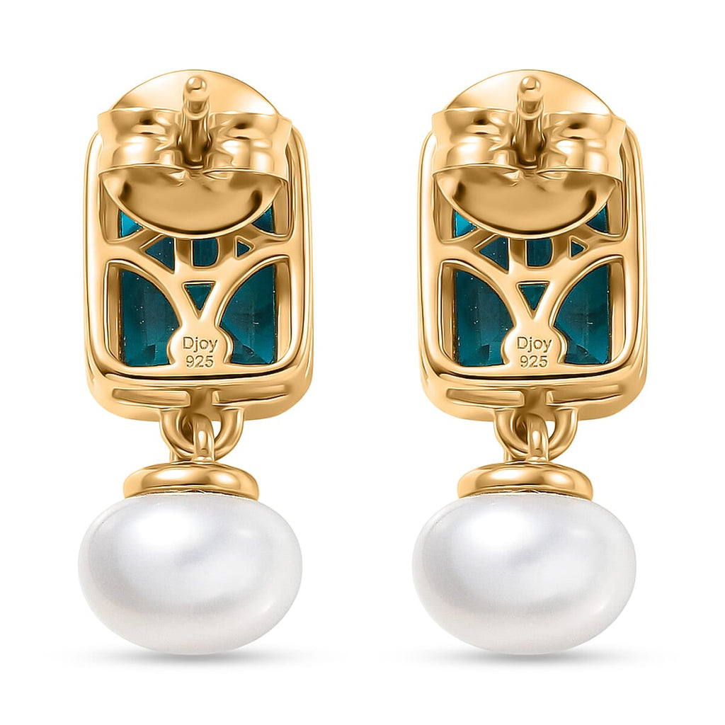 D'Joy Capri Blue Quartz & Fresh Water Pearl Dangling Push Back Earring in Yellow Gold Plated Sterling Silver 8.56 Ct.