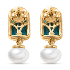D'Joy Capri Blue Quartz & Fresh Water Pearl Dangling Push Back Earring in Yellow Gold Plated Sterling Silver 8.56 Ct.