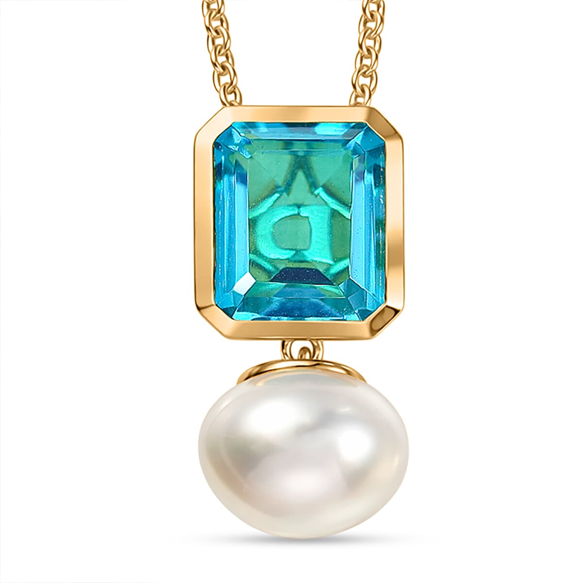 D'Joy Capri Blue Quartz, Fresh Water Pearl Drop Pendant with Chain (Size 20) in Yellow Gold Tone 11.70 4455983 0