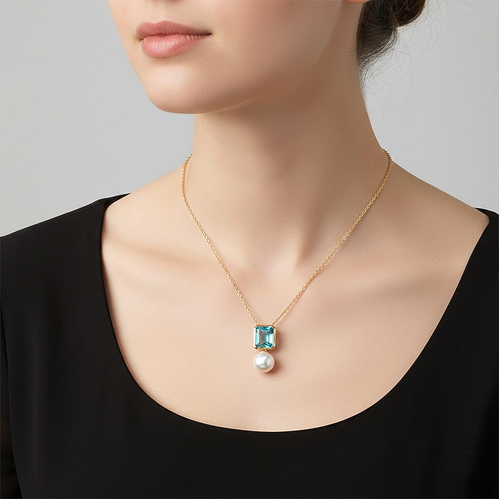 D'Joy Capri Blue Quartz, Fresh Water Pearl Drop Pendant with Chain (Size 20) in Yellow Gold Tone 11.70 4455983 2
