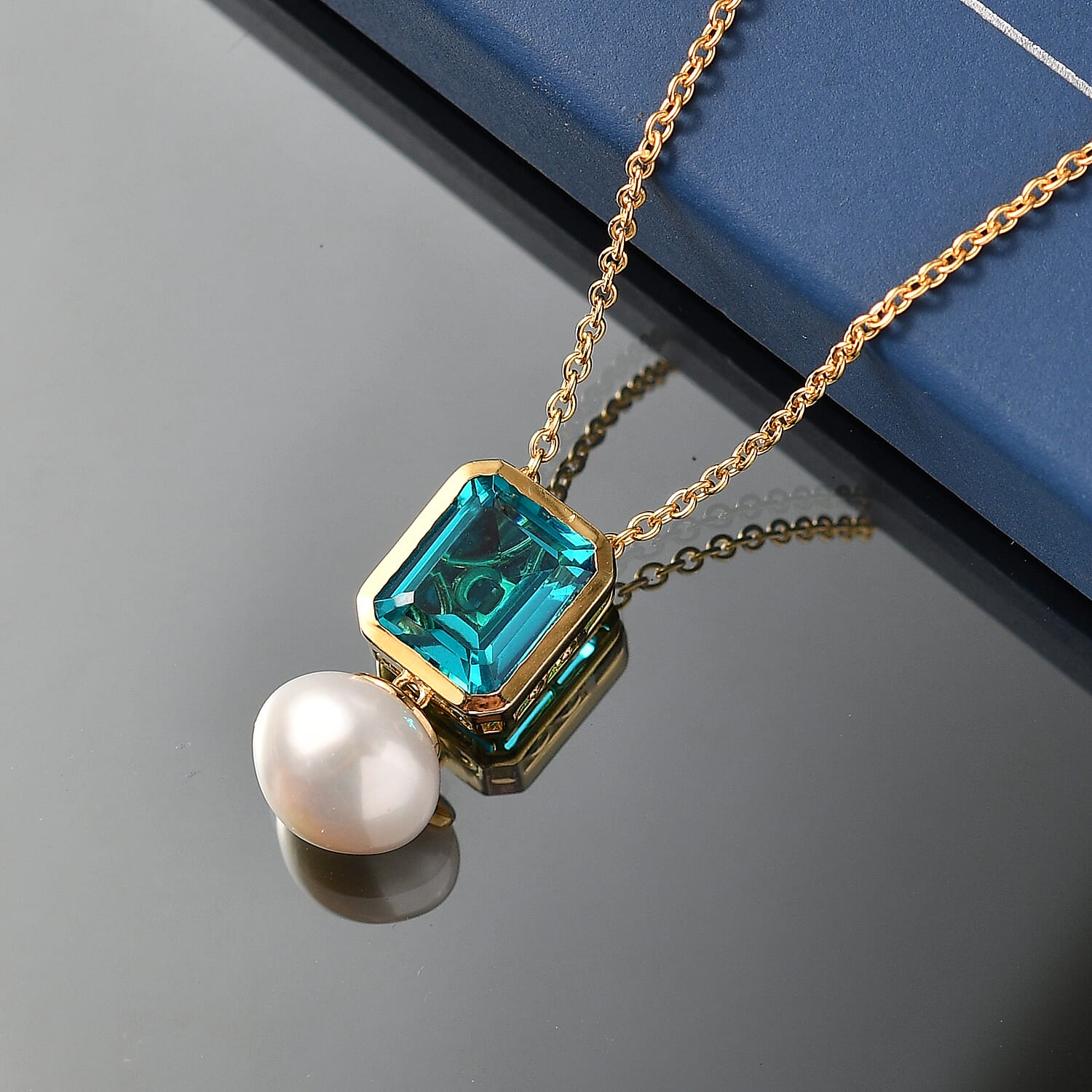 D'Joy Capri Blue Quartz, Fresh Water Pearl Drop Pendant with Chain (Size 20) in Yellow Gold Tone 11.70 4455983 3