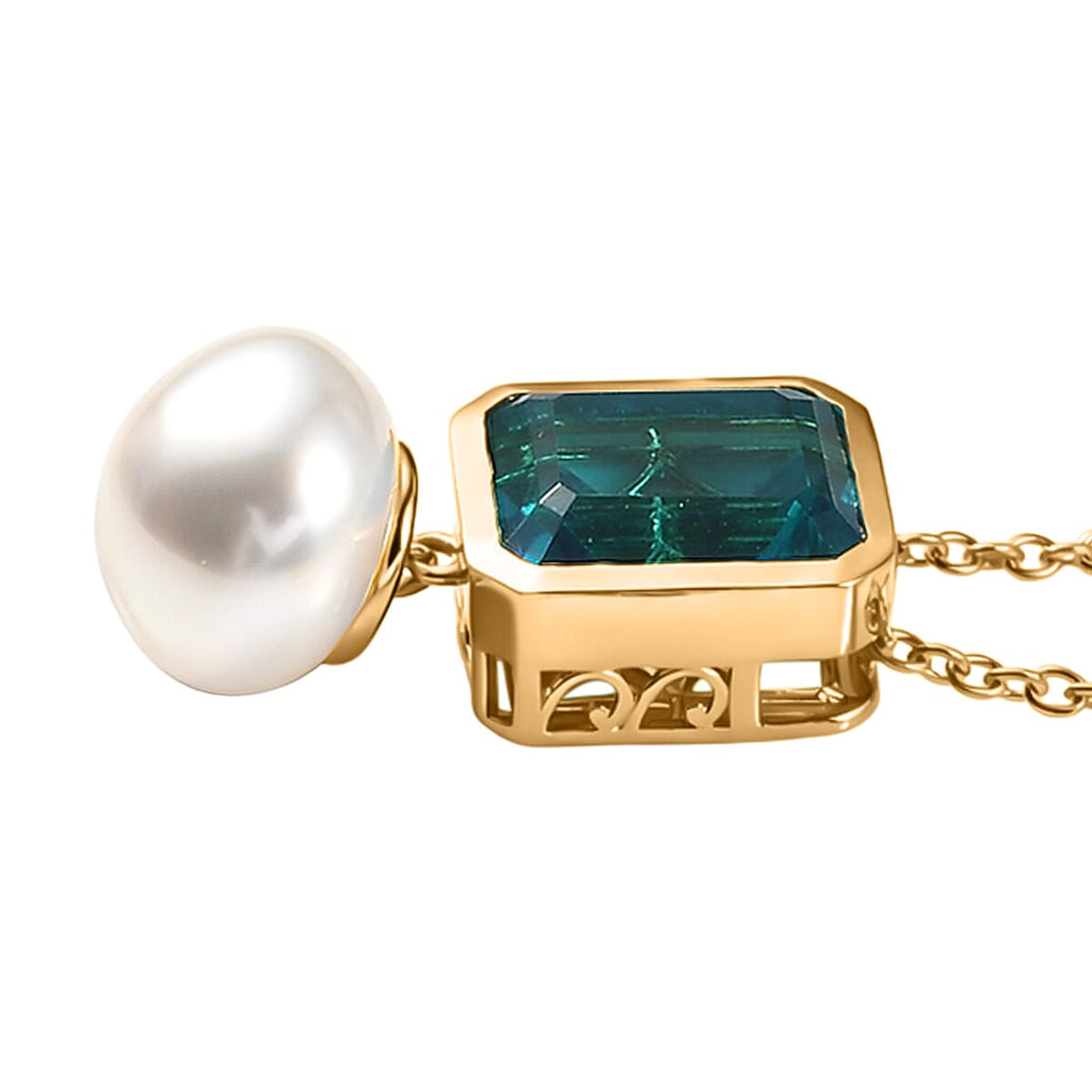 D'Joy Capri Blue Quartz & Fresh Water Pearl Drop Pendant with Chain (Size 20) in Yellow Gold Tone 11.70 Ct.