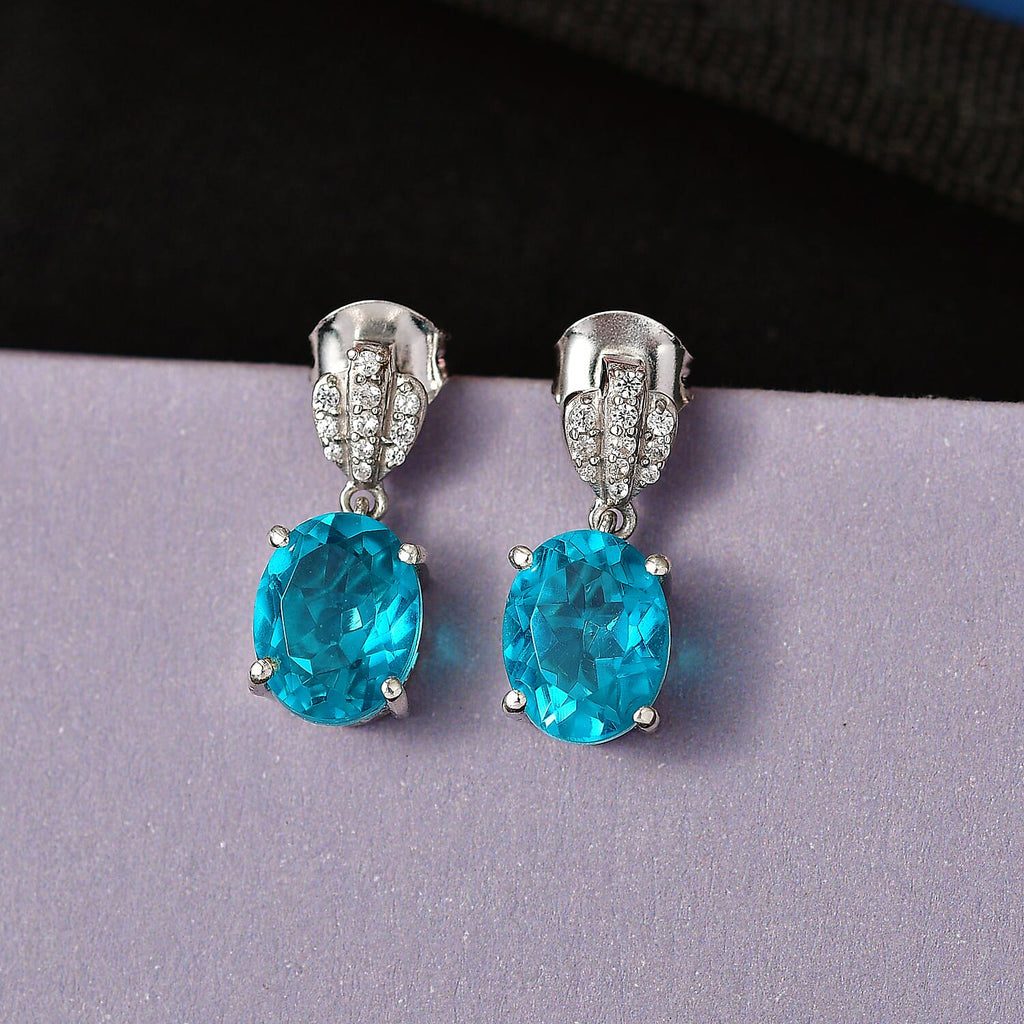D'Joy Capri Blue Quartz & White Zircon Dangling Push Post Earring in Platinum Overlay Sterling Silver 4.55 Ct.