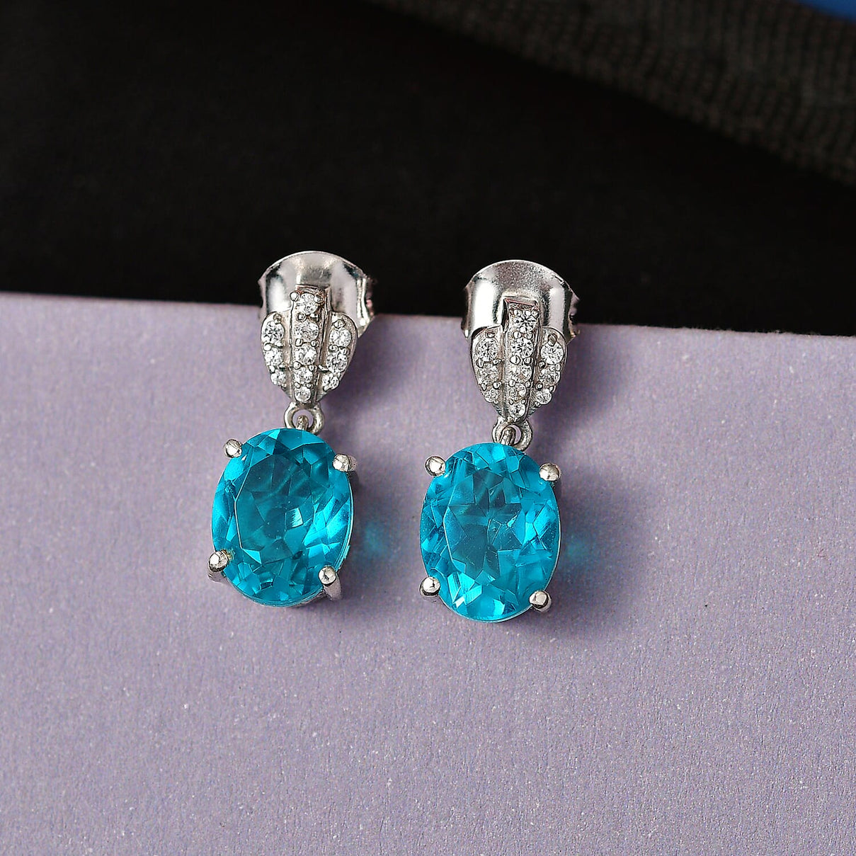 D'Joy Capri Blue Quartz, White Zircon Dangling Push Post Earring in Platinum Overlay Sterling Silver 4.55 Ct. 8482167 3