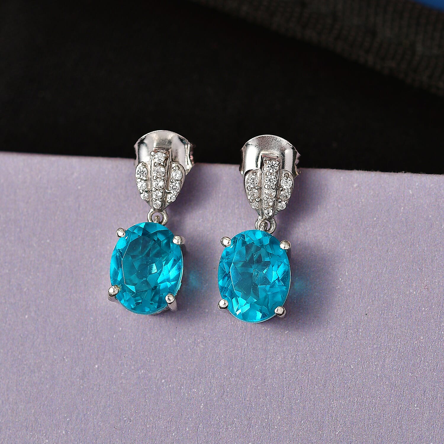 D'Joy Capri Blue Quartz, White Zircon Dangling Push Post Earring in Platinum Overlay Sterling Silver 4.55 Ct. 8482167 3