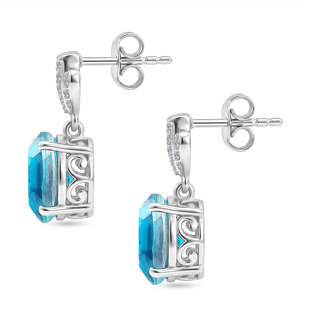 D'Joy Capri Blue Quartz & White Zircon Dangling Push Post Earring in Platinum Overlay Sterling Silver 4.55 Ct.