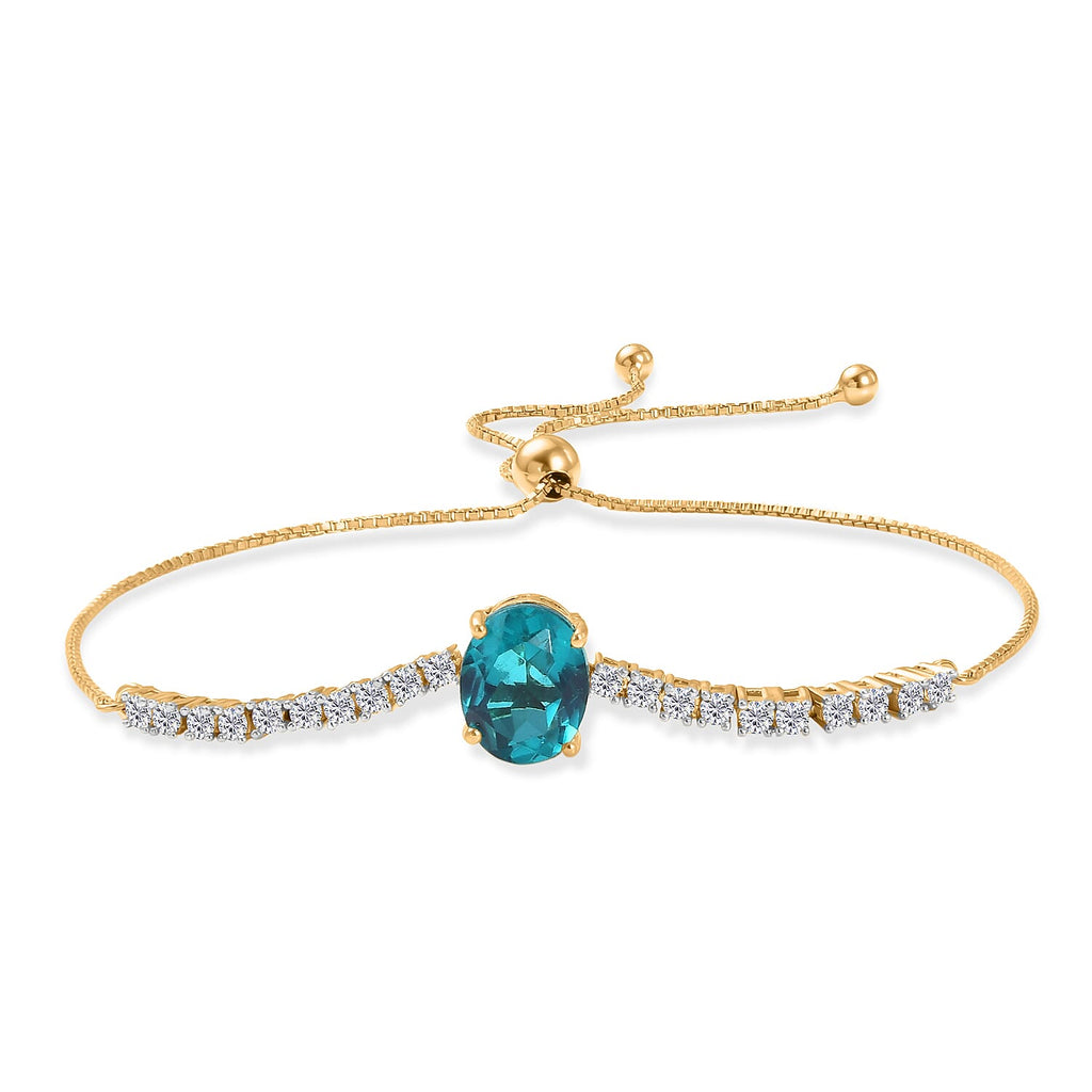 D'Joy Capri Blue Triplet Quartz & White Zircon Adjustable Chain Bracelet (Size - 10.5) in Yellow Gold Plated Sterling Silver 3.94 Ct.
