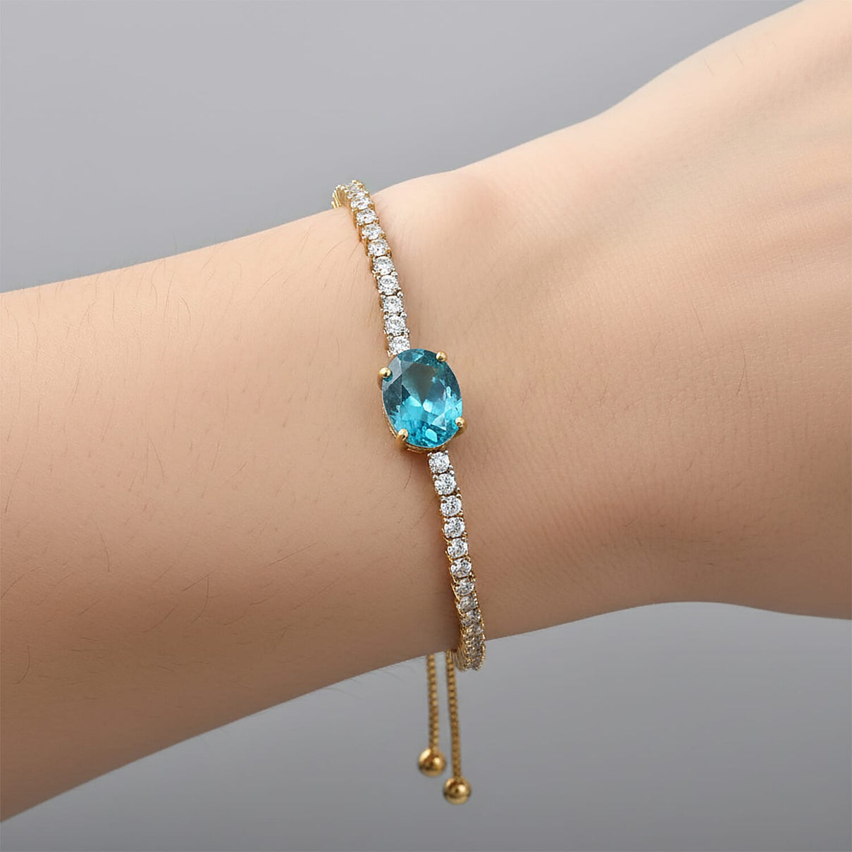 D'Joy Capri Blue Triplet Quartz, White Zircon Adjustable Chain Bracelet (Size - 10.5) in Yellow Gold Plated Sterling Silver 3.94 Ct. 8478324 2