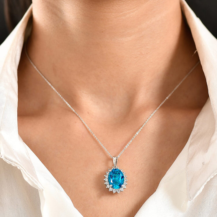 D'Joy Capri Blue Triplet Quartz, White Zircon Halo Pendant with Chain (Size 20) in Rhodium Overlay Sterling Silver 7.25 Ct. 4454920 2