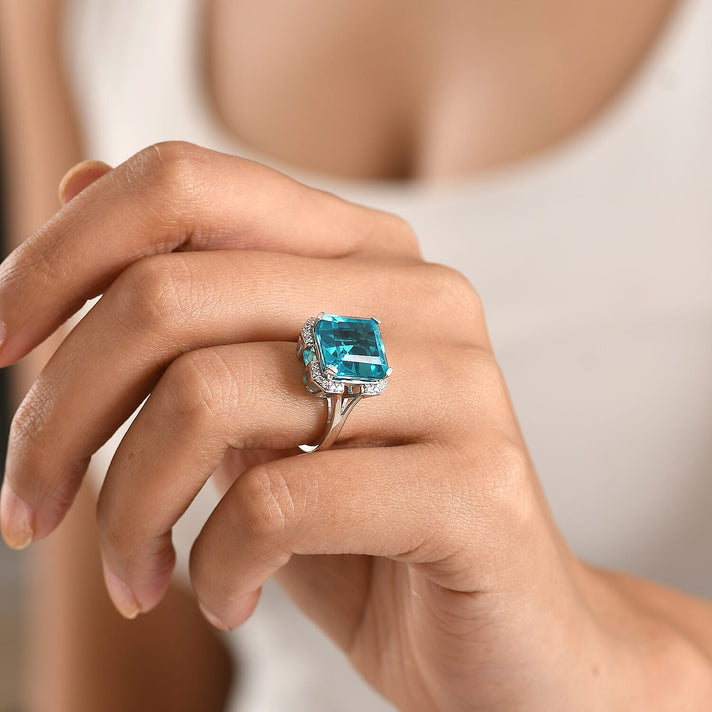 D'Joy Capri Blue Triplet Quartz &amp; White Zircon Ring in Platinum Overlay Sterling Silver 9.00 Ct. 8478384 2