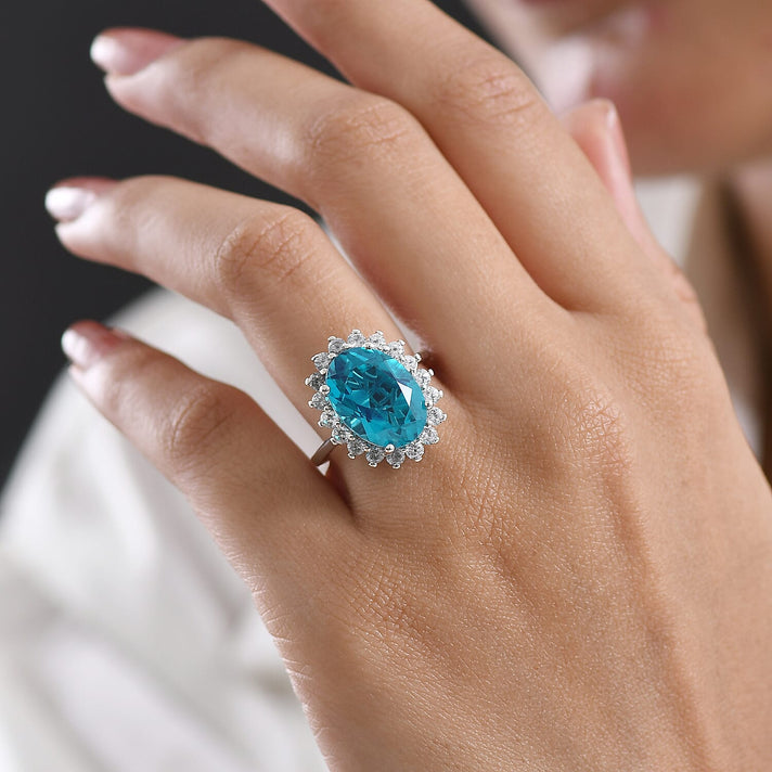 D'Joy Capri Blue Triplet Quartz &amp; White Zircon Halo Ring in Rhodium Overlay Sterling Silver 7.27 Ct. 8478355 2