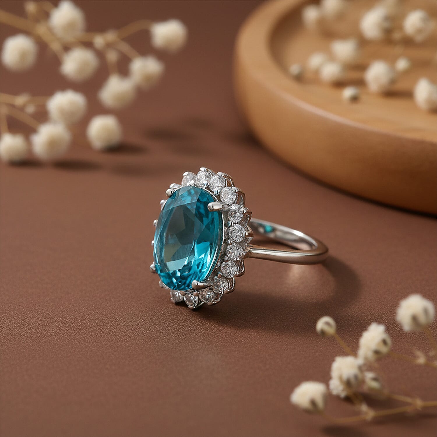 D'Joy Capri Blue Triplet Quartz &amp; White Zircon Halo Ring in Rhodium Overlay Sterling Silver 7.27 Ct. 8478355 3