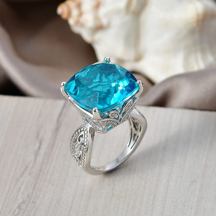 D'Joy Capri Blue Triplet Quartz &amp; White Zircon Ring in Rhodium Overlay Sterling Silver 16.46 Ct. 8503614 2
