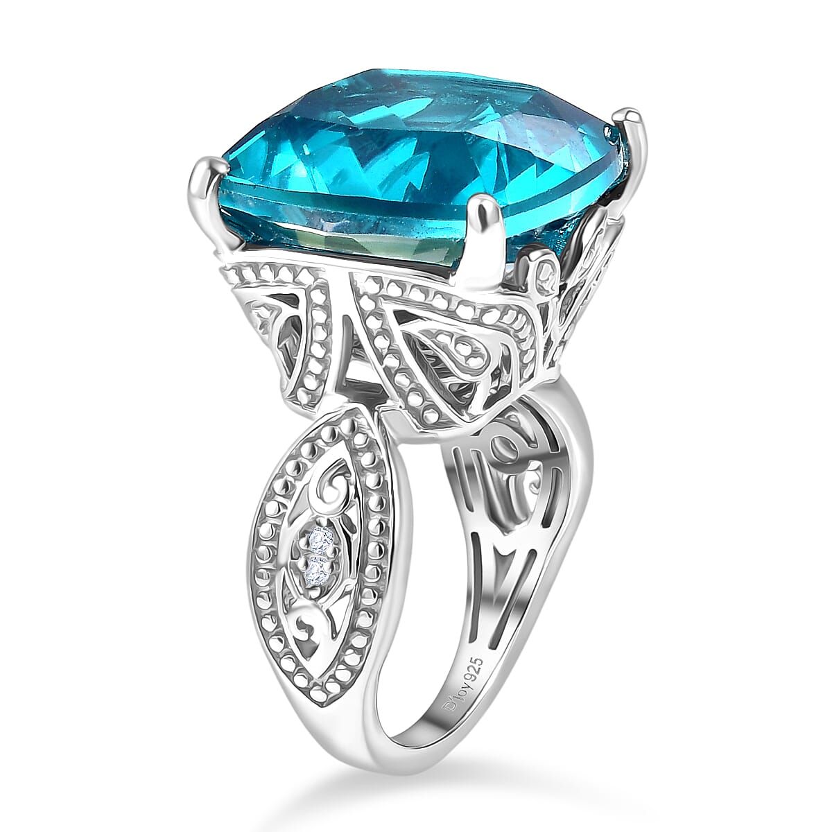 D'Joy Capri Blue Triplet Quartz &amp; White Zircon Ring in Rhodium Overlay Sterling Silver 16.46 Ct. 8503614 4