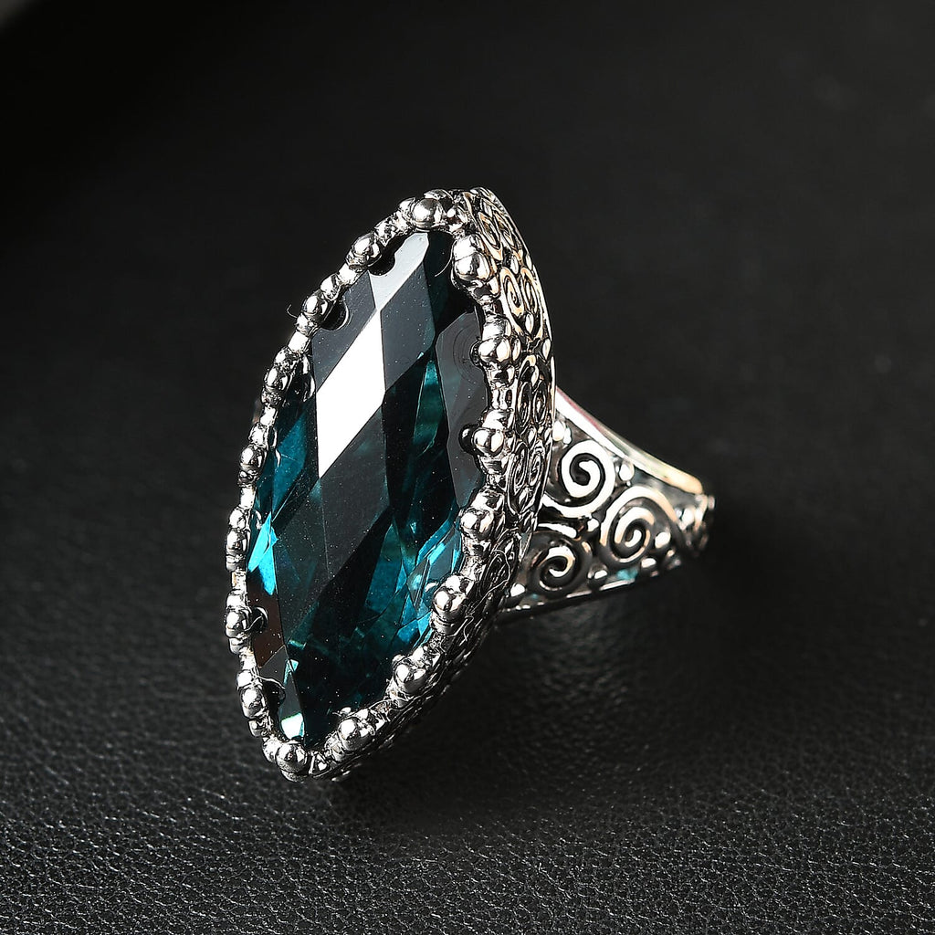 Sajen Silver Indicolite Quartz Ring in Rhodium Overlay Sterling Silver 11.90 Ct, Silver Wt. 6.79 Gms.