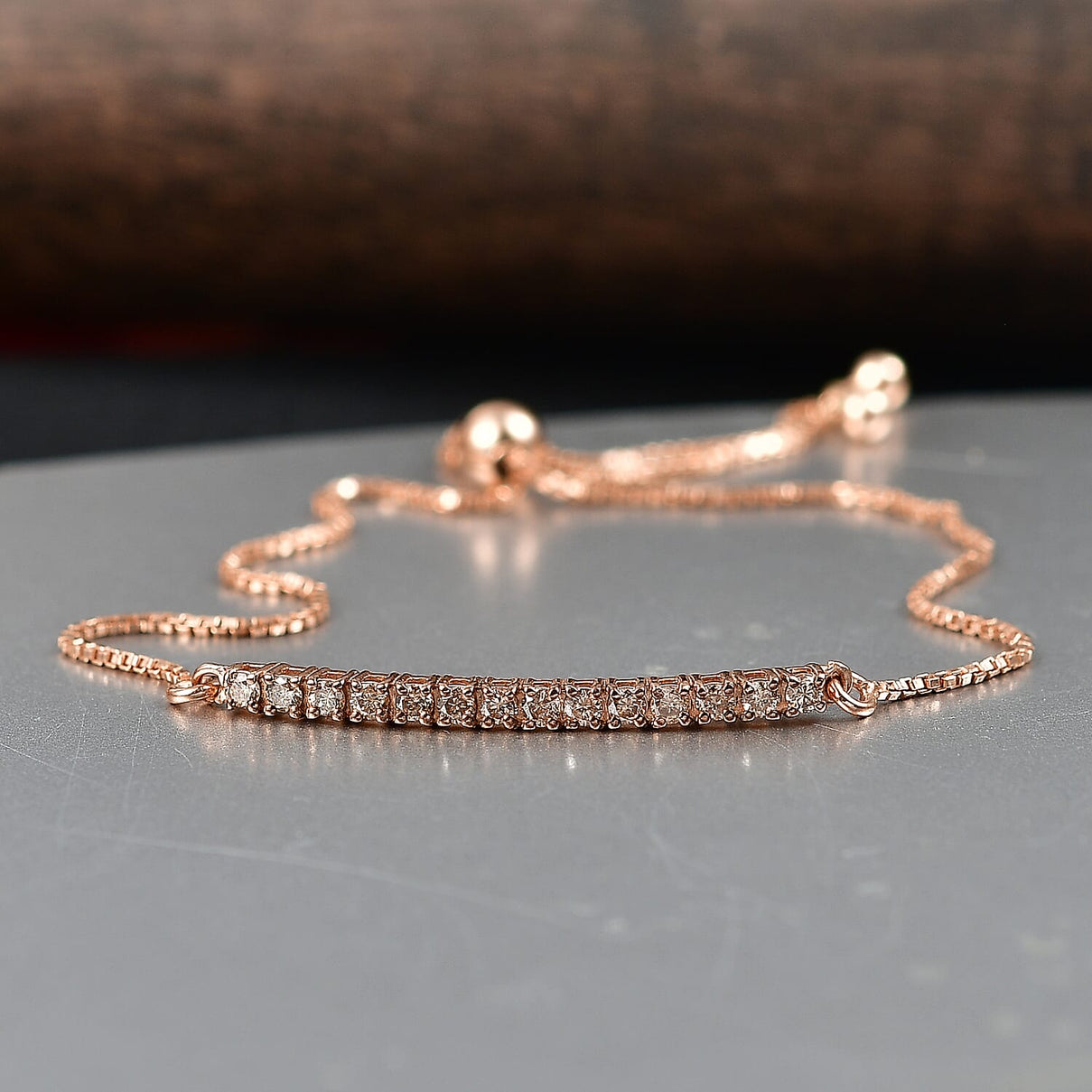 NY Close Out Deal - Natural Champagne Diamond Adjustable Bracelet (Size - 10) in 18K Vermeil Rose Gold Plated Sterling Silver 8415996 2