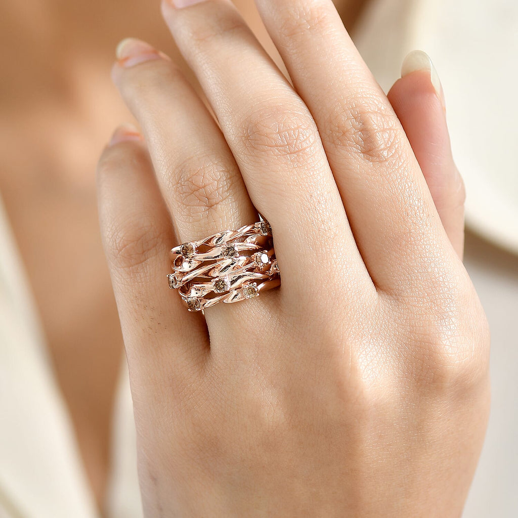 D'Joy Natural Champagne Diamond Bubble Ring in 18K Vermeil Rose Gold Plated Sterling Silver 1.00 Ct.