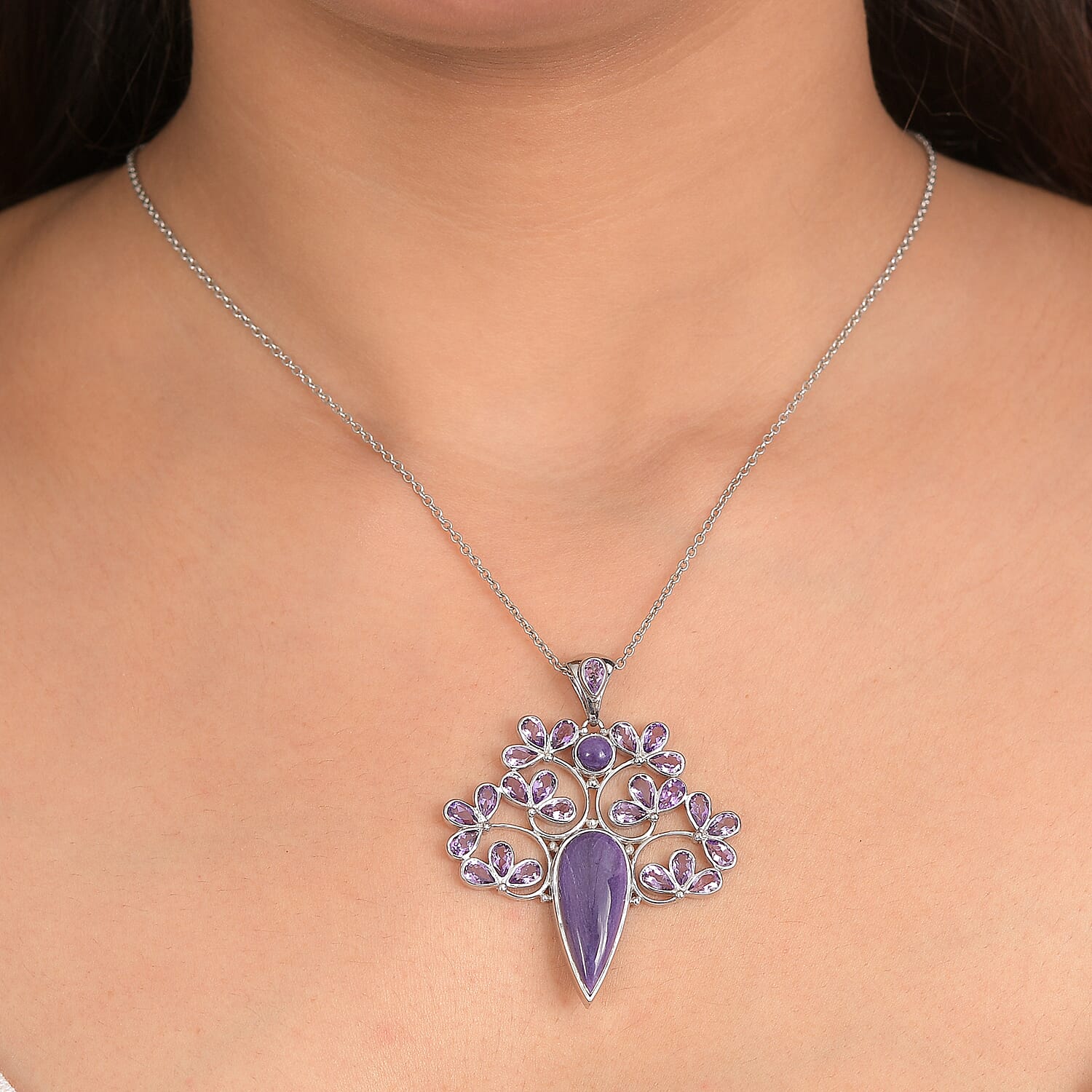 Sajen Silver - Chaorite &amp; African Amethyst Leafy Vine Pendant in Rhodium Overlay Sterling Silver 15.63 Ct. 8364081 2