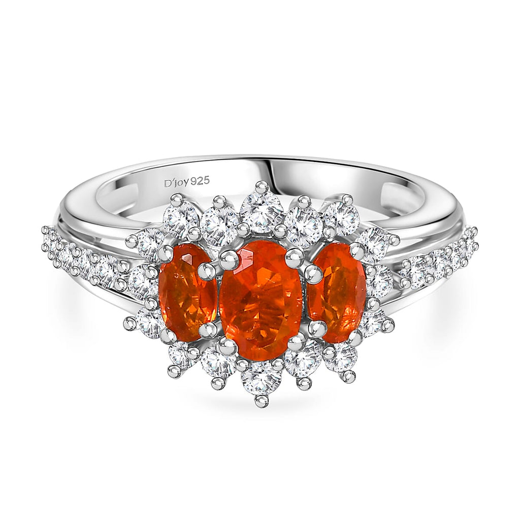 D'joy Crimson Fire Opal & White Zircon Ring in Rhodium Overlay Sterling Silver 1.50 Ct.