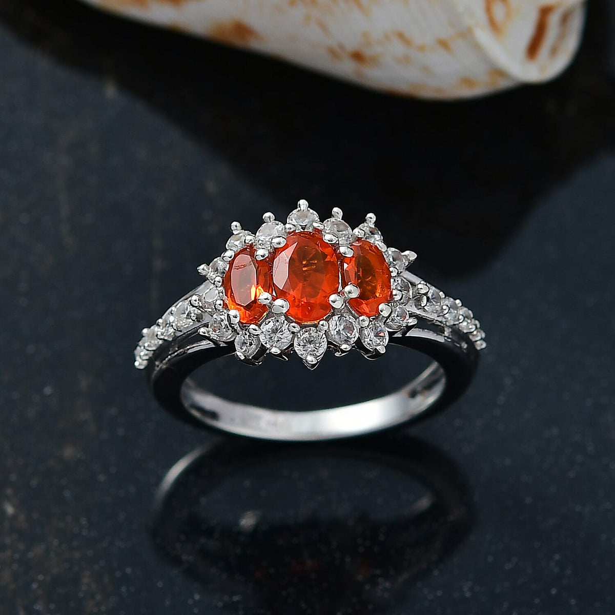 D'joy Crimson Fire Opal, White Zircon Ring in Rhodium Overlay Sterling Silver 1.50 Ct. 8233150 2