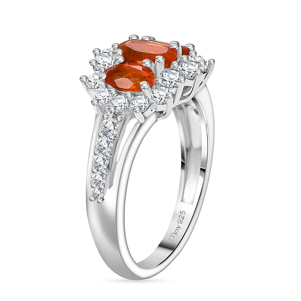 D'joy Crimson Fire Opal & White Zircon Ring in Rhodium Overlay Sterling Silver 1.50 Ct.