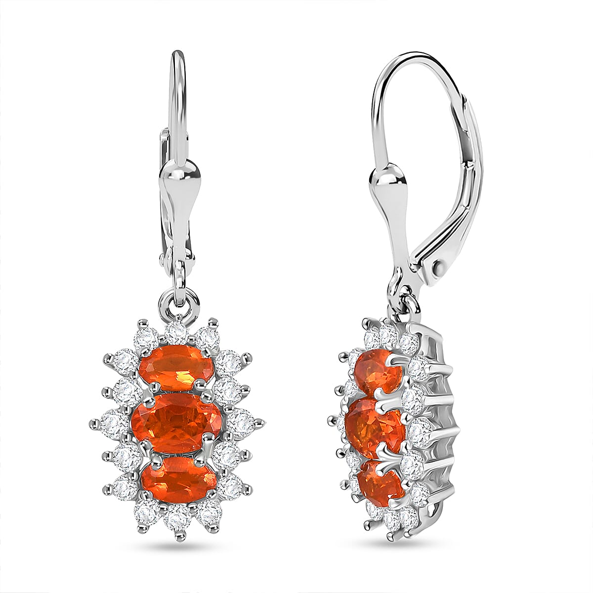 D'joy Crimson Fire Opal, White Zircon Lever Back Drop Earring in Rhodium Overlay Sterling Silver 1.98 Ct. 8233107 1