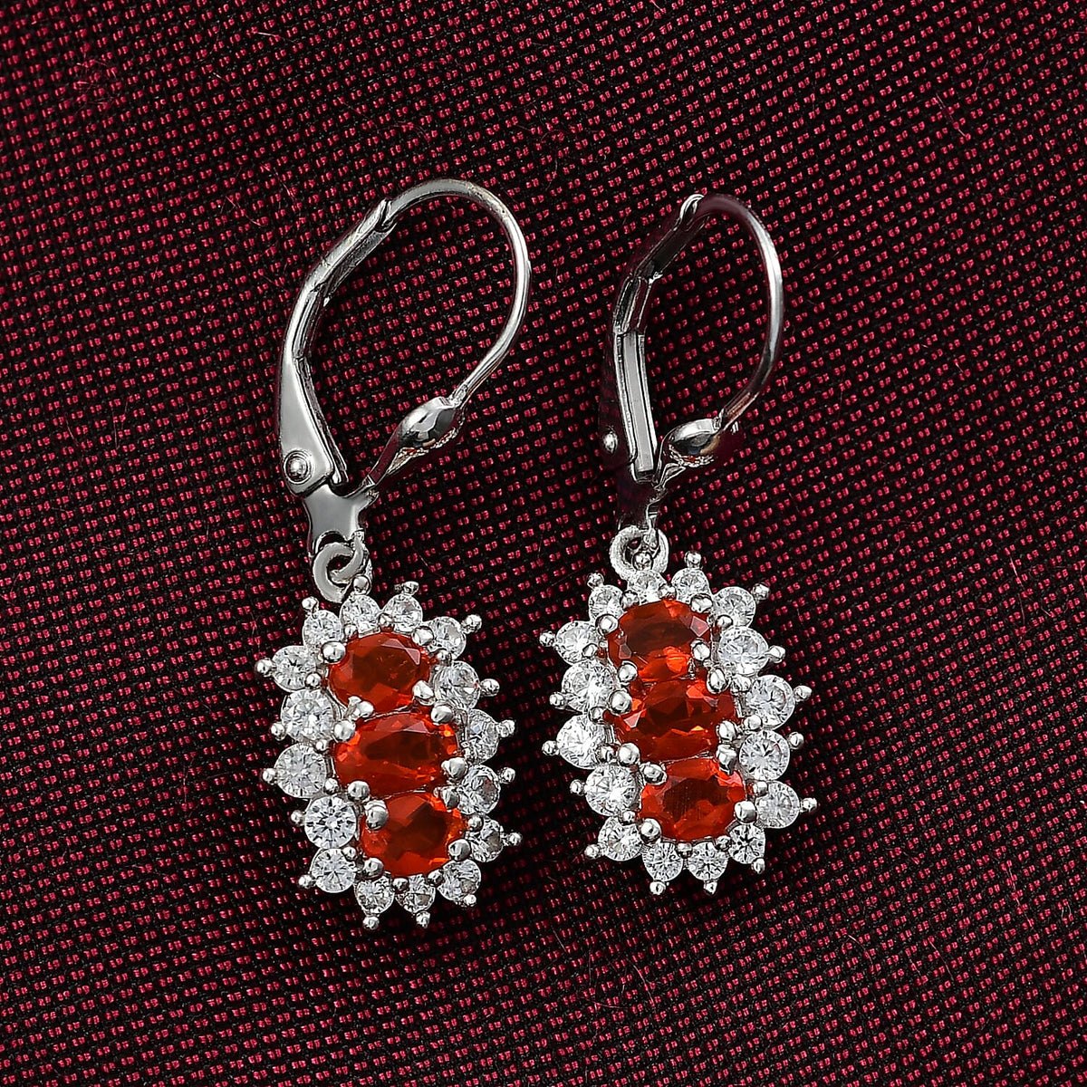 D'joy Crimson Fire Opal, White Zircon Lever Back Drop Earring in Rhodium Overlay Sterling Silver 1.98 Ct. 8233107 3