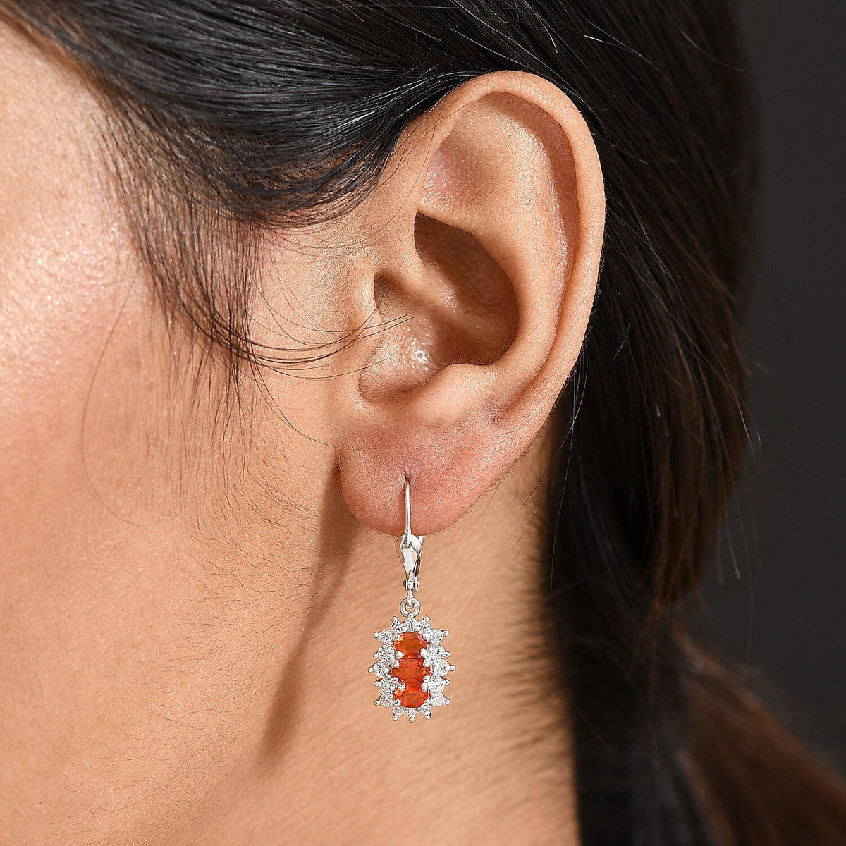 D'joy Crimson Fire Opal, White Zircon Lever Back Drop Earring in Rhodium Overlay Sterling Silver 1.98 Ct. 8233107 5