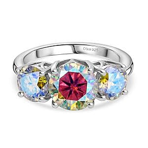 D'Joy Dichroic Luminous Moissanite Main Stone With Side Stone Ring in Rhodium OverlaySterling Silver  3.259  Ct.