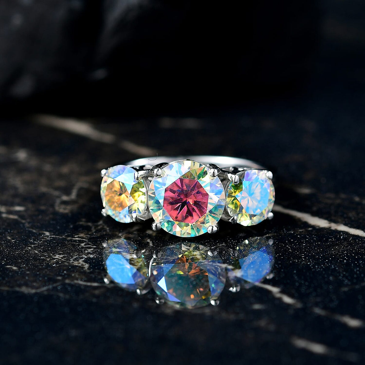D'Joy Dichroic Luminous Moissanite 3-Stone Ring in Rhodium Overlay Sterling Silver 3.26 Ct. 8231132 2