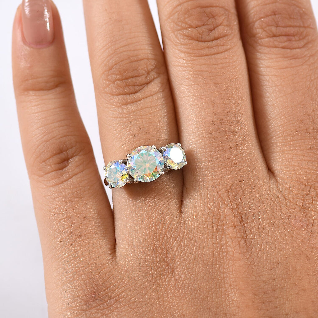 D'Joy Dichroic Luminous Moissanite Main Stone With Side Stone Ring in Rhodium OverlaySterling Silver  3.259  Ct.