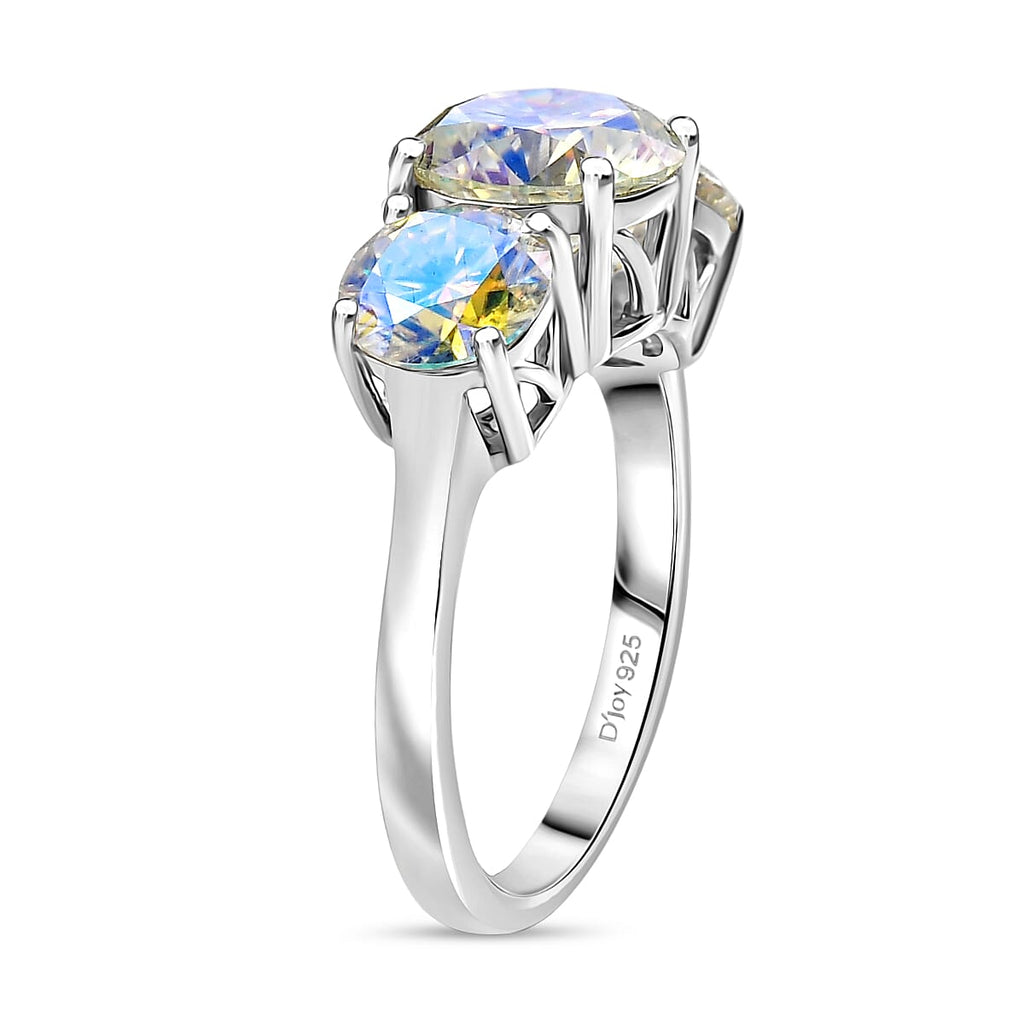 D'Joy Dichroic Luminous Moissanite Main Stone With Side Stone Ring in Rhodium OverlaySterling Silver  3.259  Ct.