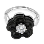 D'Joy Natural Boots Black Jade Flower & Lab Grown Diamond (SI-GH- 0.50 ct) Ring in Rhodium Overlay Sterling Silver.