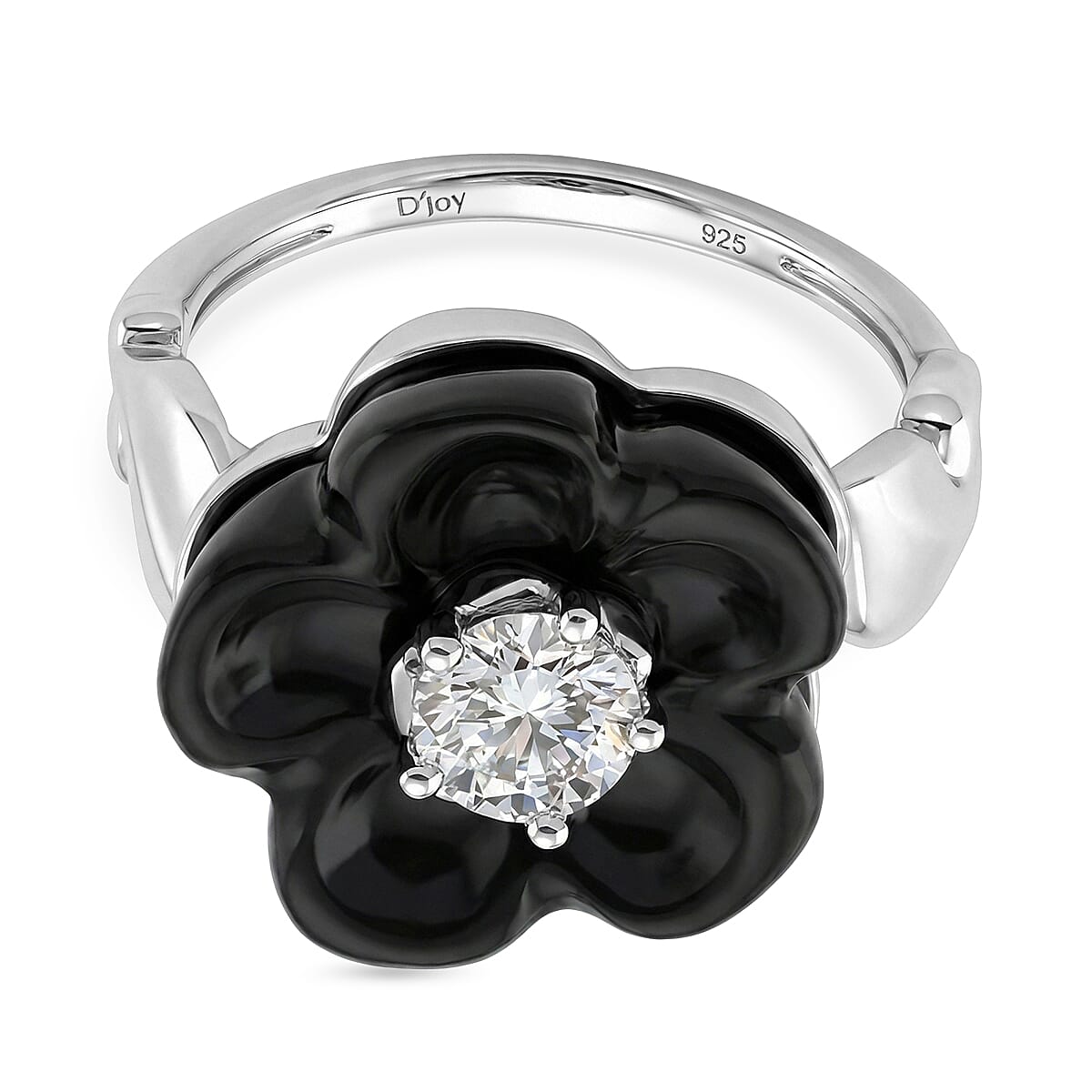 Black Jade Flower &amp; Lab Grown Diamond (SI/GH- 0.50 ct) Flower Ring in Rhodium Overlay Sterling Silver. 8350990 0