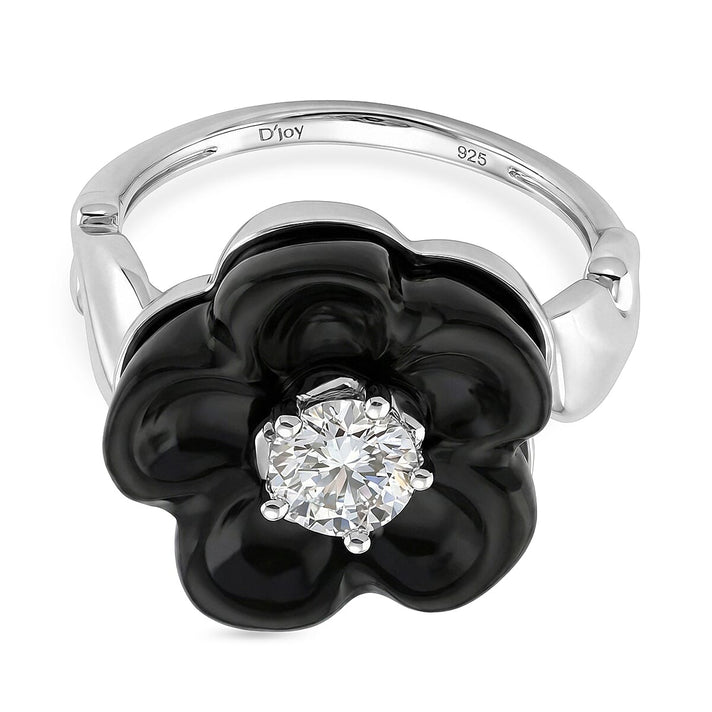 Black Jade Flower &amp; Lab Grown Diamond (SI-GH- 0.50 ct) Ring in Rhodium Overlay Sterling Silver. 8350990 1