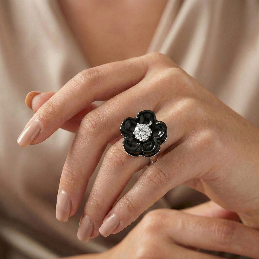 D'Joy Natural Boots Black Jade Flower & Lab Grown Diamond (SI-GH- 0.50 ct) Ring in Rhodium Overlay Sterling Silver.