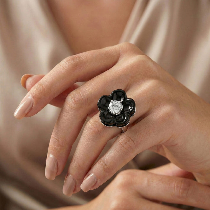 Black Jade Flower &amp; Lab Grown Diamond (SI-GH- 0.50 ct) Ring in Rhodium Overlay Sterling Silver. 8350990 2