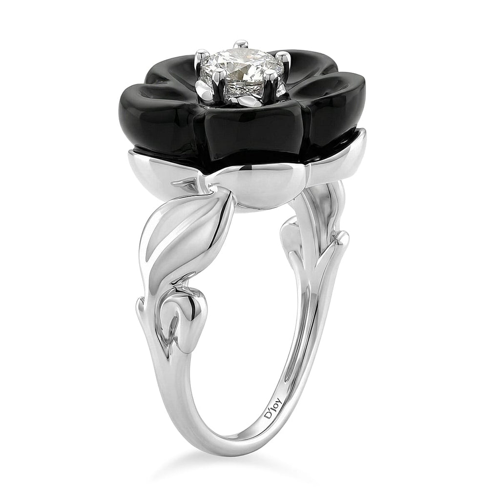 D'Joy Natural Boots Black Jade Flower & Lab Grown Diamond (SI-GH- 0.50 ct) Ring in Rhodium Overlay Sterling Silver.