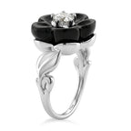 D'Joy Natural Boots Black Jade Flower & Lab Grown Diamond (SI-GH- 0.50 ct) Ring in Rhodium Overlay Sterling Silver.